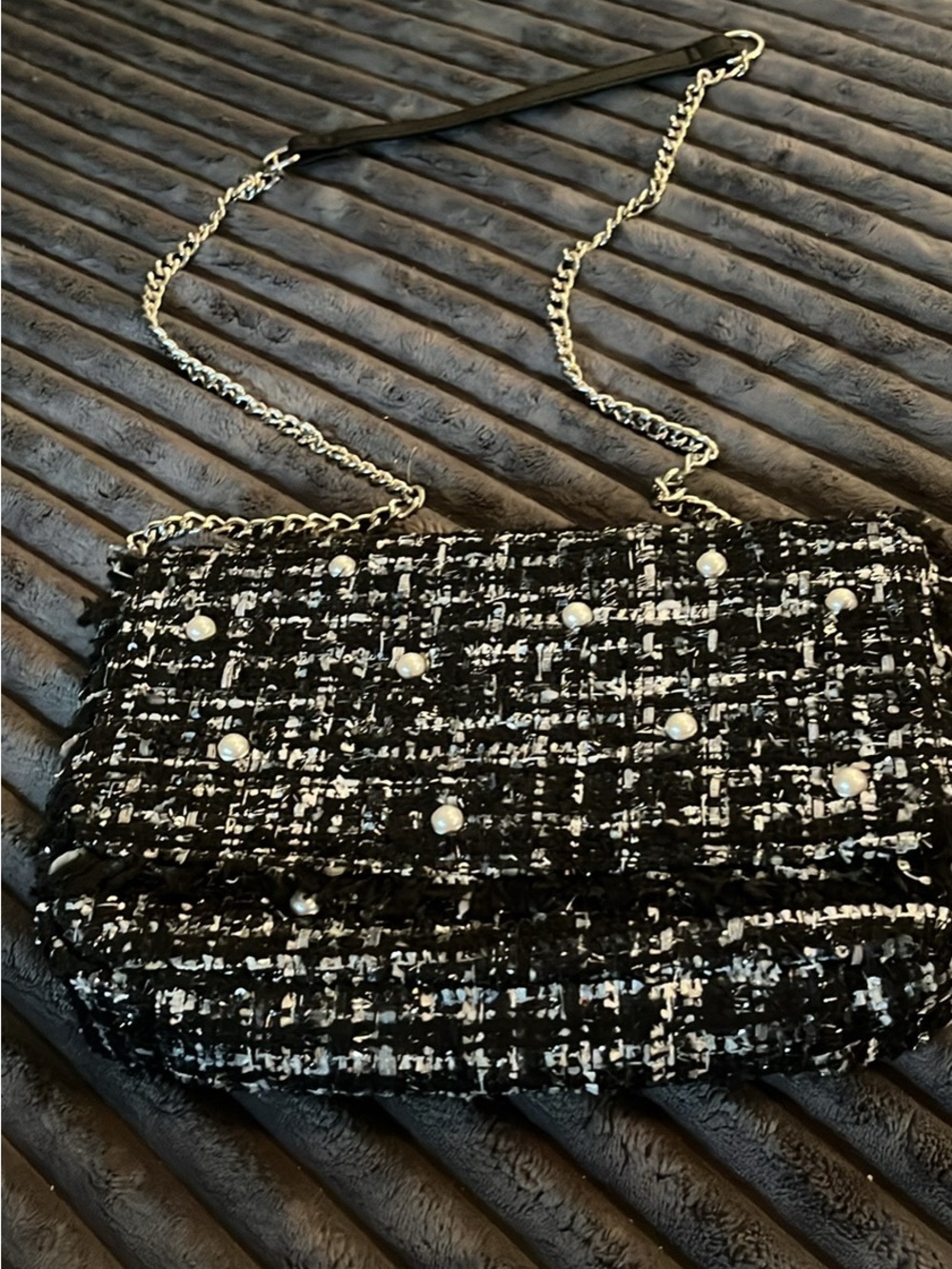 Pearl-Studded Black Tweed Chain Crossbody Bag